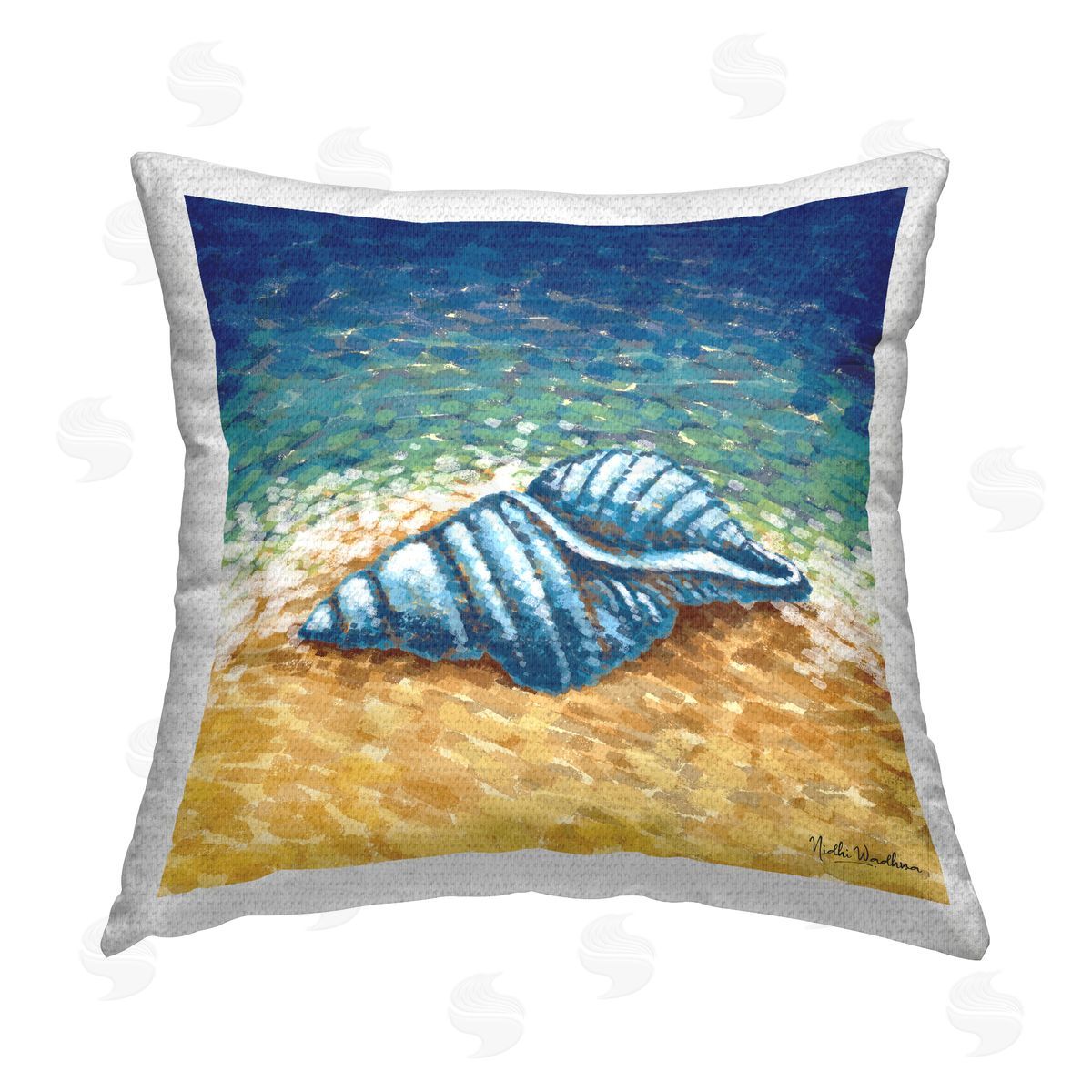 Modern Seashells on Shore Outdoor Printed Pillow, Home Decor by Nidhi Wadhwa