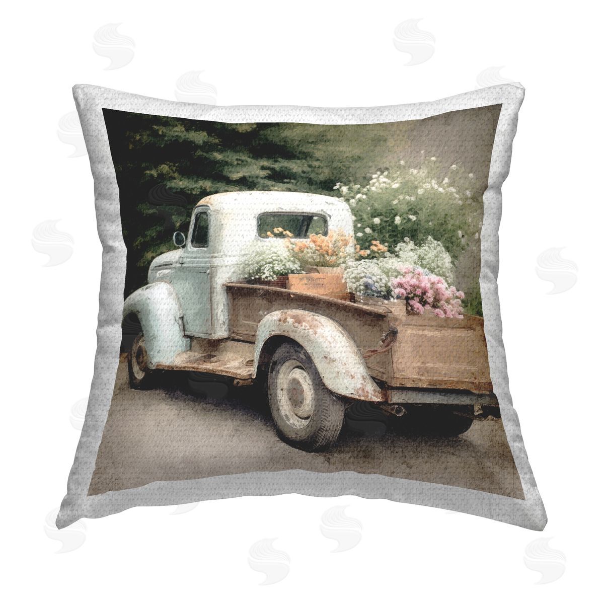 Vintage Pickup with Flowers Outdoor Printed Pillow, Home Decor by LSR Design Studio