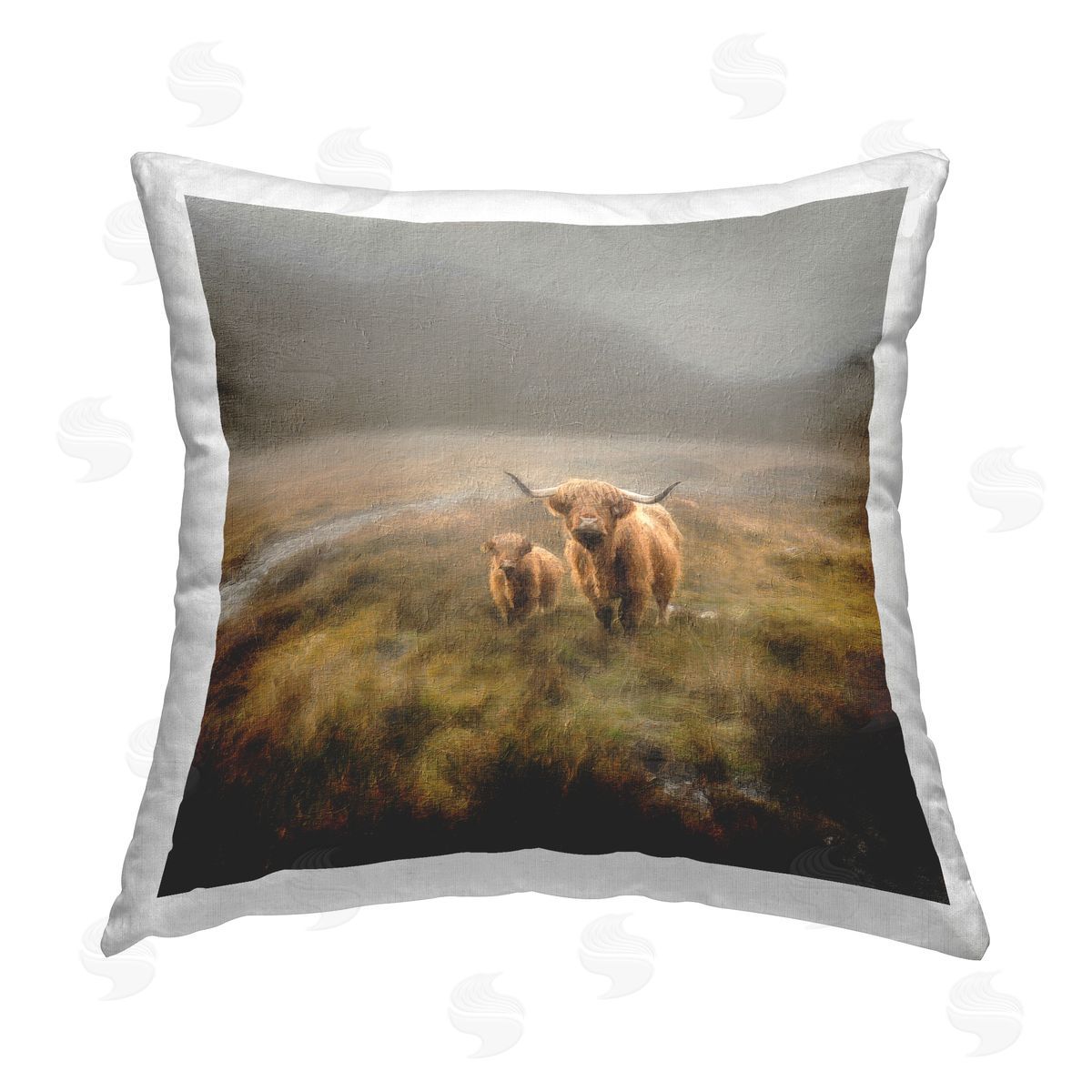 Highland Cattle in Rural Scene Decorative Printed Pillow, Home Decor by Paul Brent