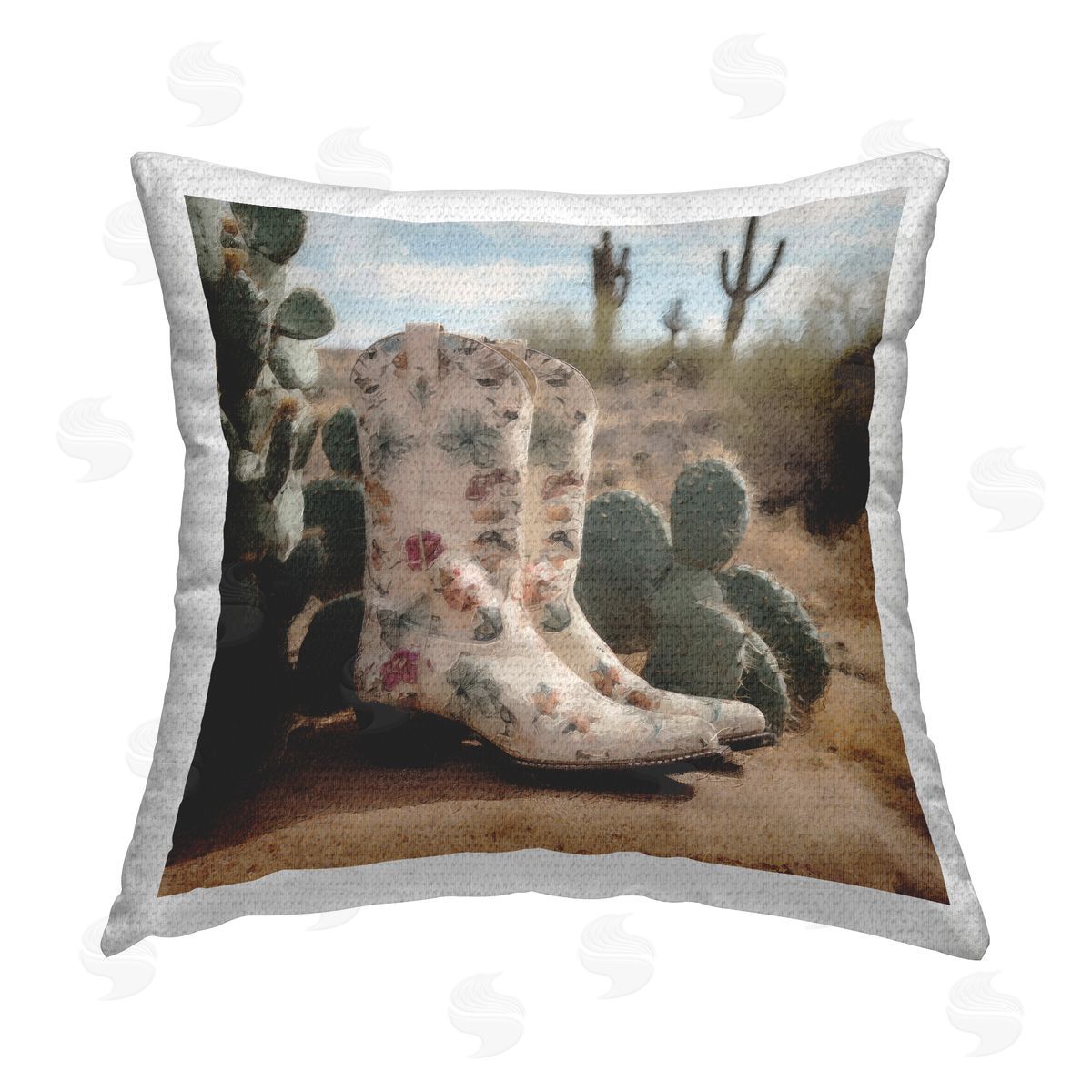 Cowgirl Boots & Cactus Scenery Outdoor Printed Pillow, Home Decor by LSR Design Studio