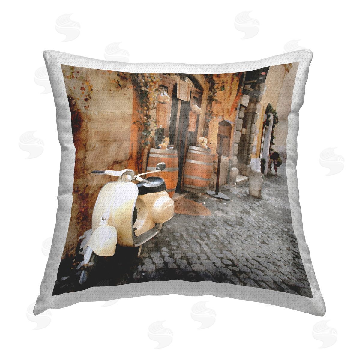 White Moped on Urban Street Outdoor Printed Pillow, Home Decor by LSR Design Studio