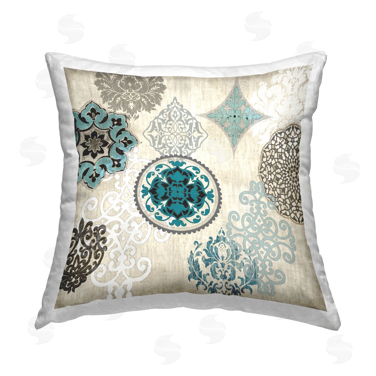 Beige & Blue Boho Pattern Decorative Printed Pillow, Home Decor by Ellie Roberts