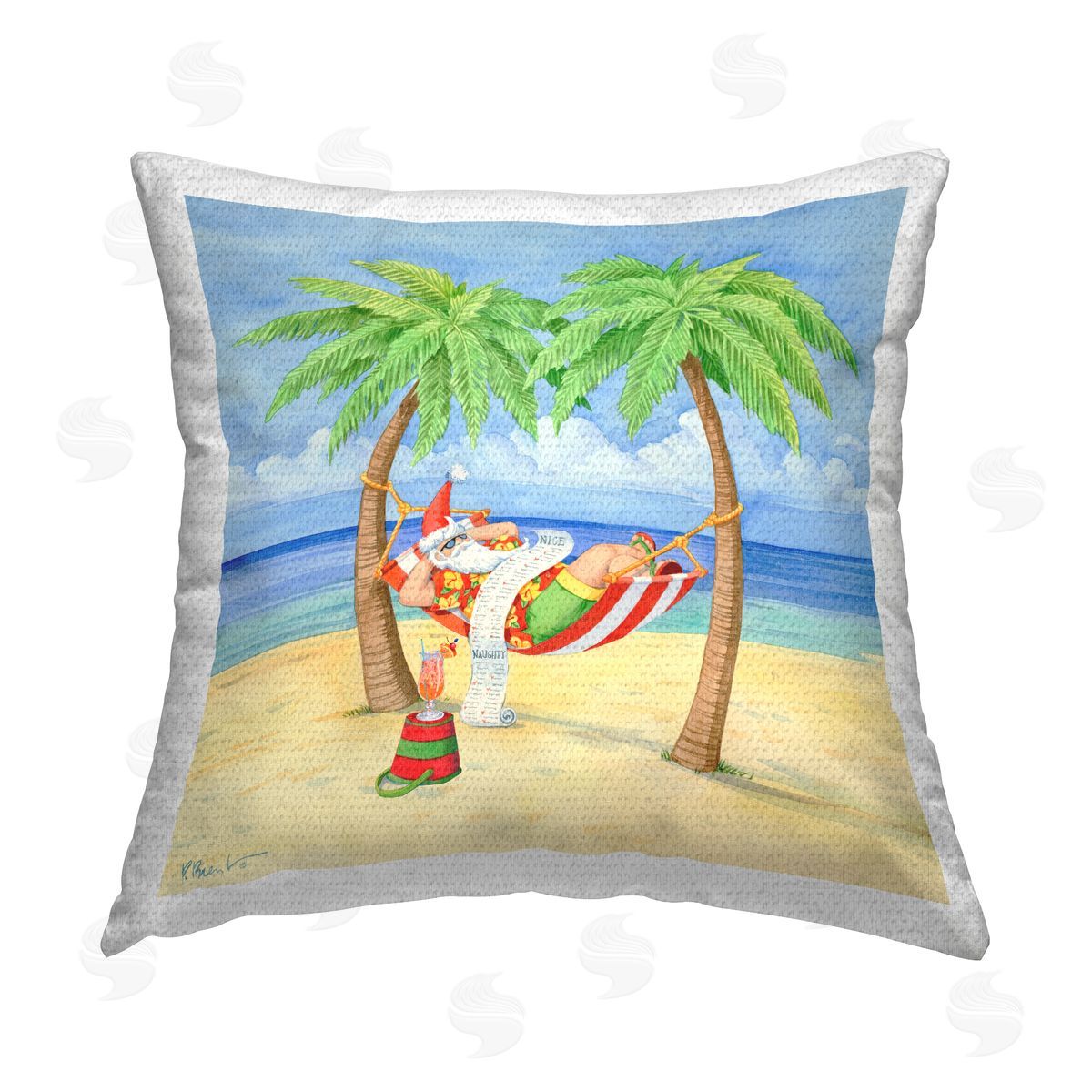 Santa with Summer Cocktail Outdoor Printed Pillow, Home Decor by Paul Brent