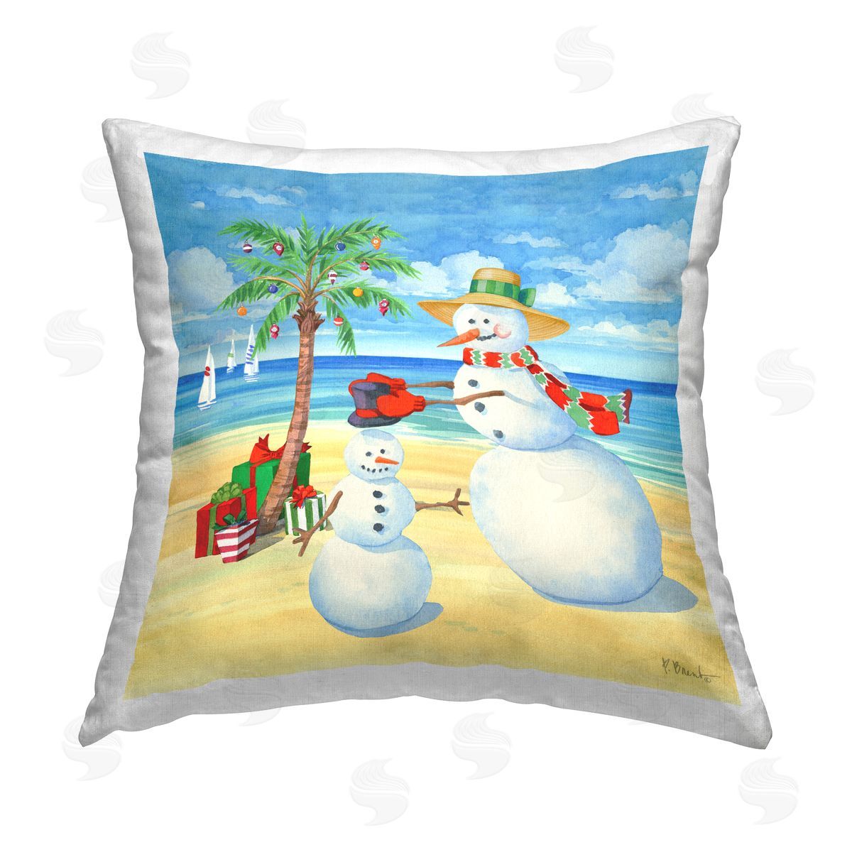 Snowman Beach Scenery Decorative Printed Pillow, Home Decor by Paul Brent