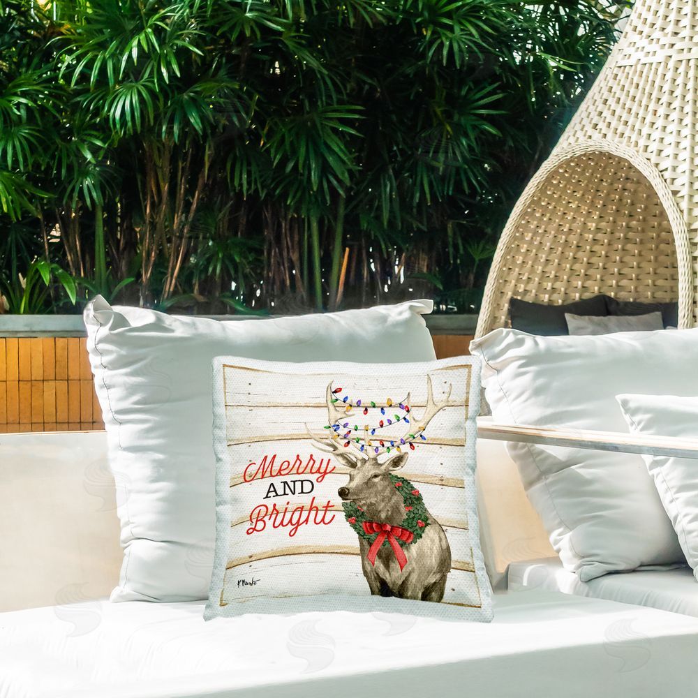 Paul Brent Merry Lodge Elk Phrase Outdoor Quick-Dry Polyester Printed Throw Pillow in Back Yard