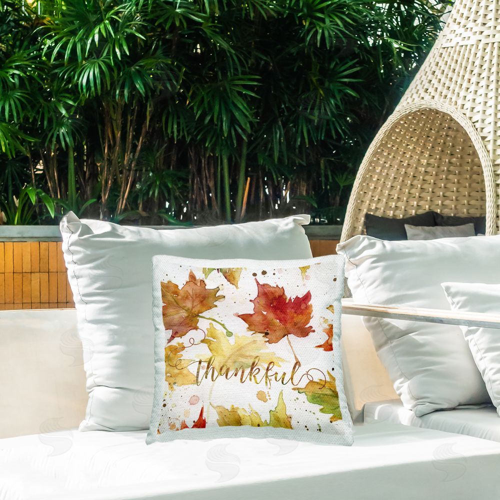 Carol Robinson Thankful Maple Leaves Outdoor Quick-Dry Polyester Printed Throw Pillow in Back Yard