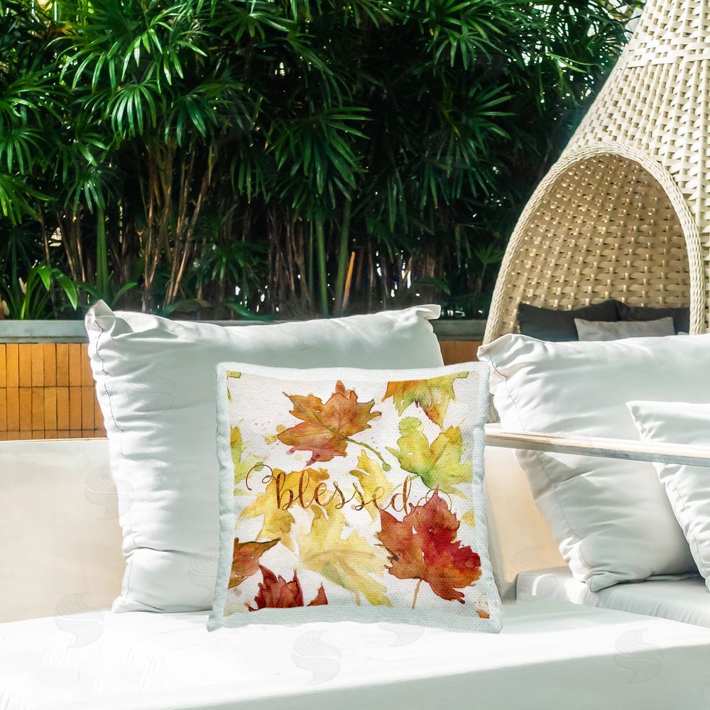 Carol Robinson Blessed Autumn Leaves Outdoor Quick-Dry Polyester Printed Throw Pillow in Back Yard