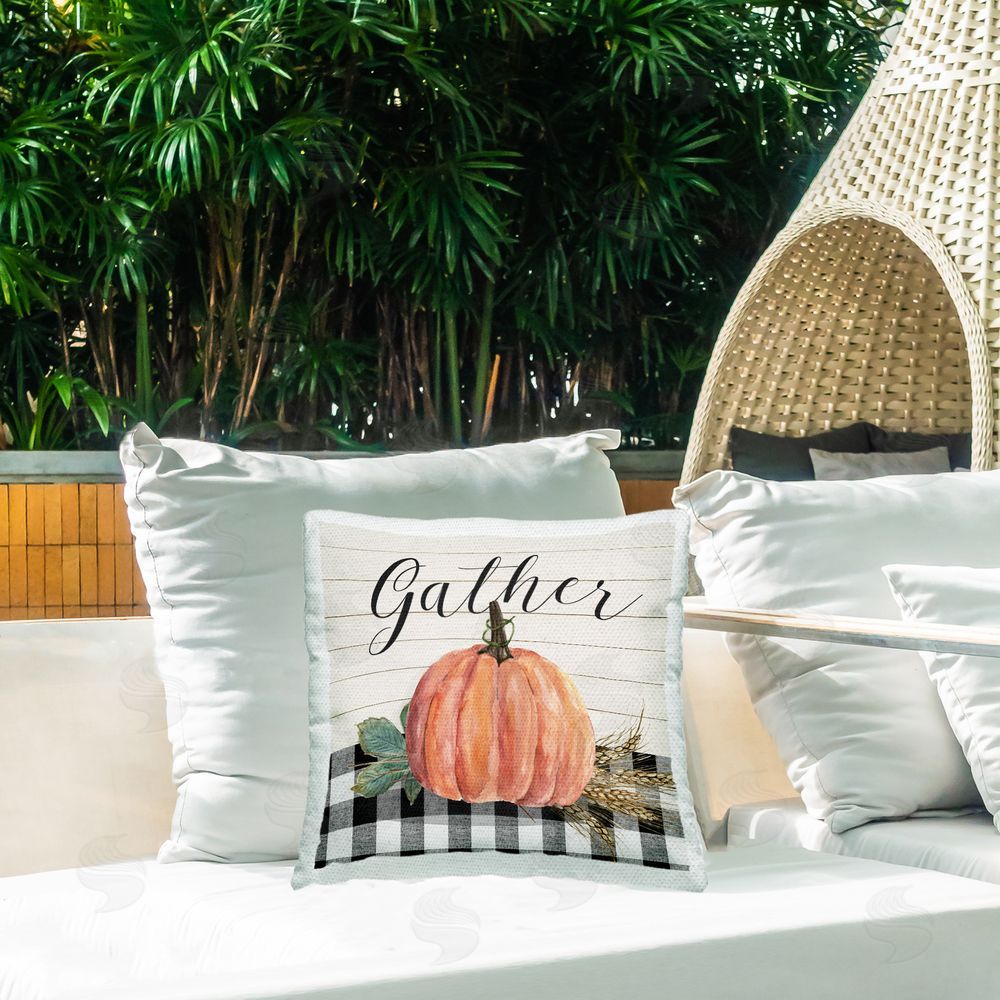 Livi and Finn Gather Pumpkin on Plaid Outdoor Quick-Dry Polyester Printed Throw Pillow in Back Yard