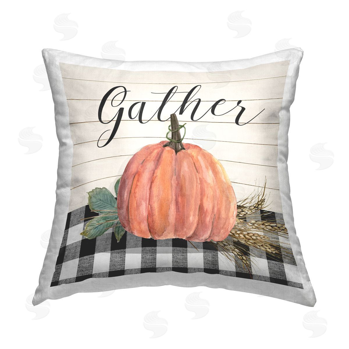 Livi and Finn Gather Pumpkin on Plaid Printed Plush Polyester Throw Pillow