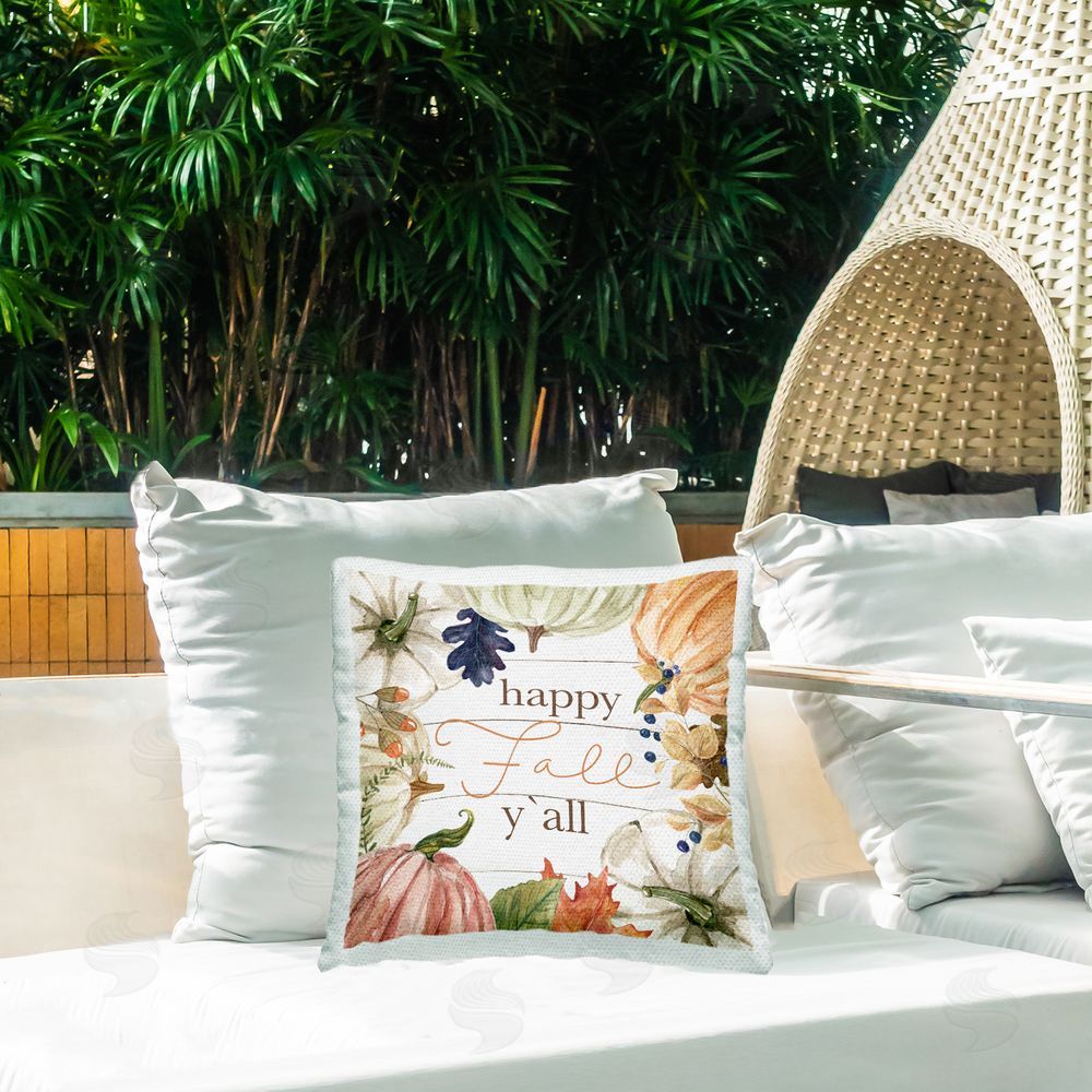 Livi and Finn Happy Fall Y'all Pumpkins Outdoor Quick-Dry Polyester Printed Throw Pillow in Back Yard