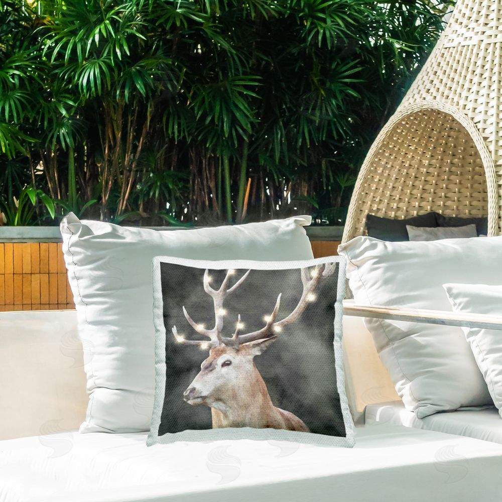 LSR Design Studio Deer with Holiday Lights Outdoor Quick-Dry Polyester Printed Throw Pillow in Back Yard