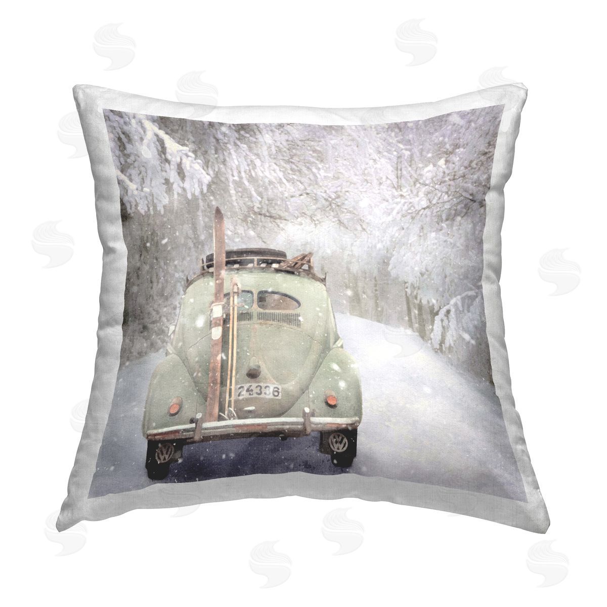 LSR Design Studio Car Driving in Snow Flurries Printed Plush Polyester Throw Pillow