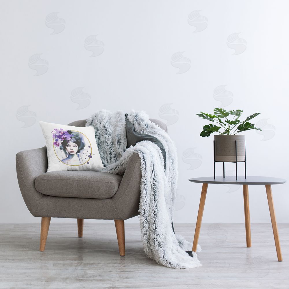 Amanda Greenwood Woman with Purple Orchids Printed Plush Polyester Throw Pillow On Chair