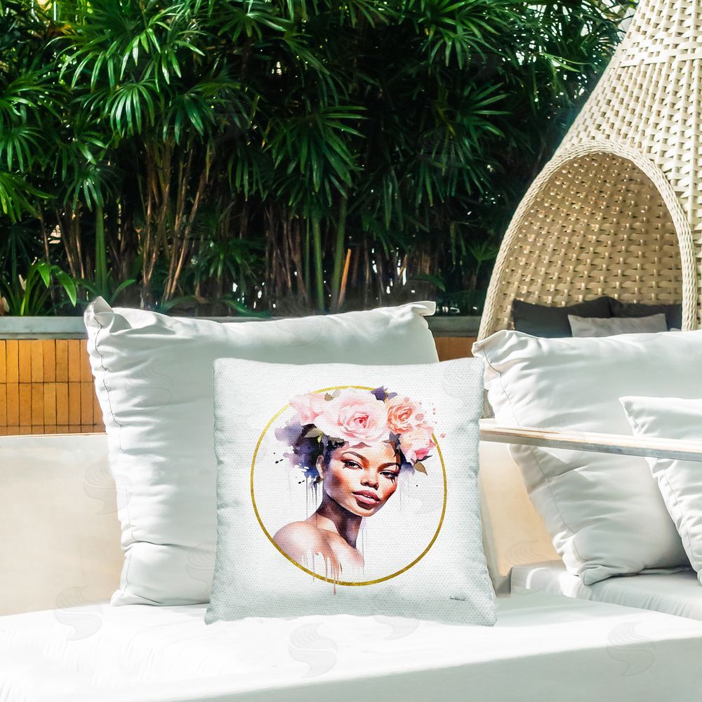 Amanda Greenwood Girl with Roses Portrait Outdoor Quick-Dry Polyester Printed Throw Pillow in Back Yard