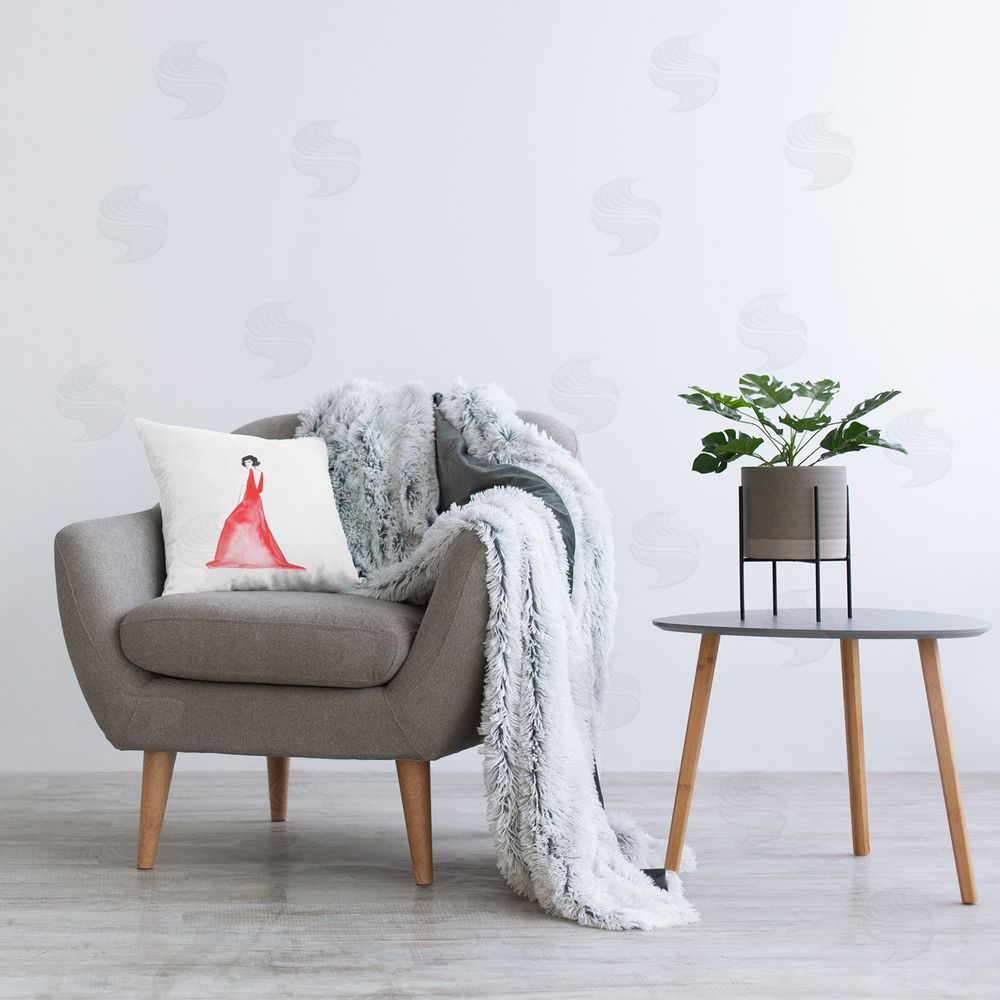 Simone Elum Stylish Girl in Red Dress Printed Plush Polyester Throw Pillow On Chair