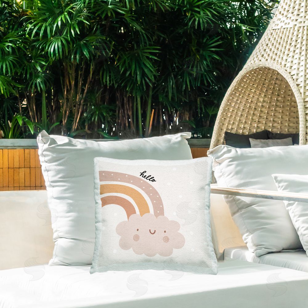 LSR Design Studio Hello Smiling Rainbow Outdoor Quick-Dry Polyester Printed Throw Pillow in Back Yard