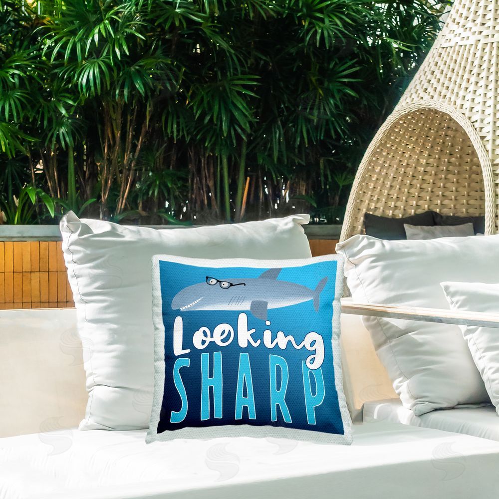 Carla Daly Looking Sharp Marine Shark Outdoor Quick-Dry Polyester Printed Throw Pillow in Back Yard