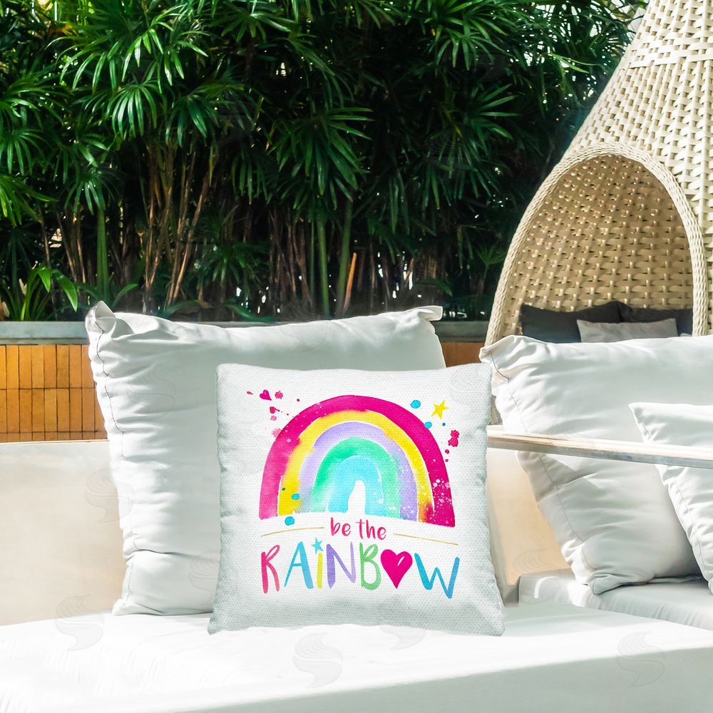 Enya Todd Be The Rainbow Phrase Outdoor Quick-Dry Polyester Printed Throw Pillow in Back Yard