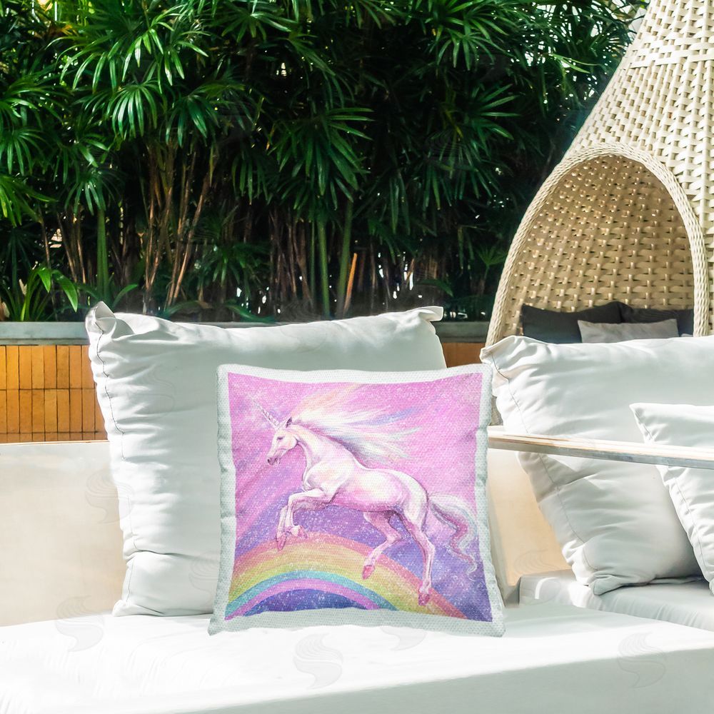 Ziwei Li Unicorn Over Rainbow Outdoor Quick-Dry Polyester Printed Throw Pillow in Back Yard
