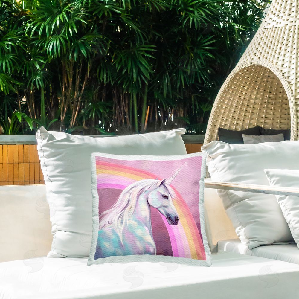 Ziwei Li Unicorn & Rainbow Portrait Outdoor Quick-Dry Polyester Printed Throw Pillow in Back Yard