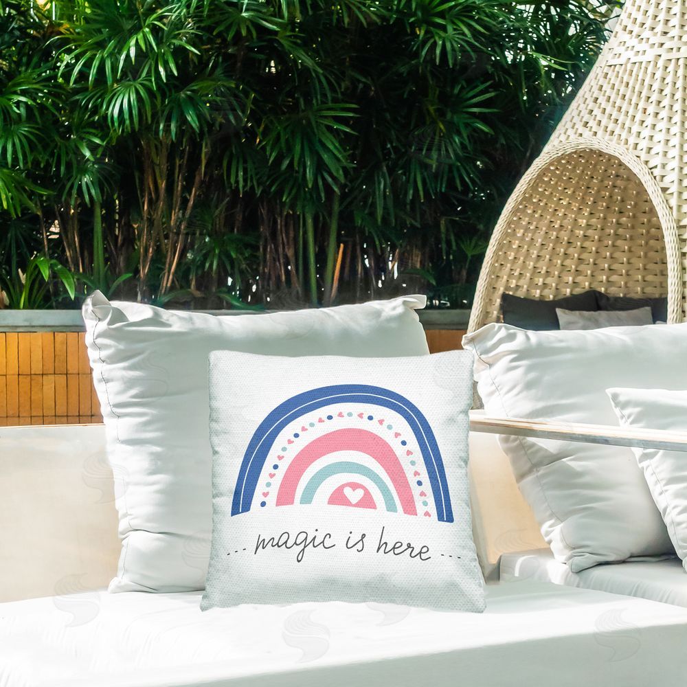 LSR Design Studio Magic Is Here Rainbow Outdoor Quick-Dry Polyester Printed Throw Pillow in Back Yard