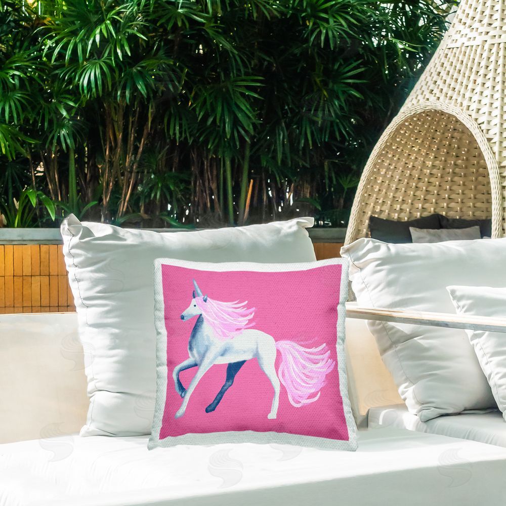 Thimblepress Galloping Pink Unicorn Outdoor Quick-Dry Polyester Printed Throw Pillow in Back Yard