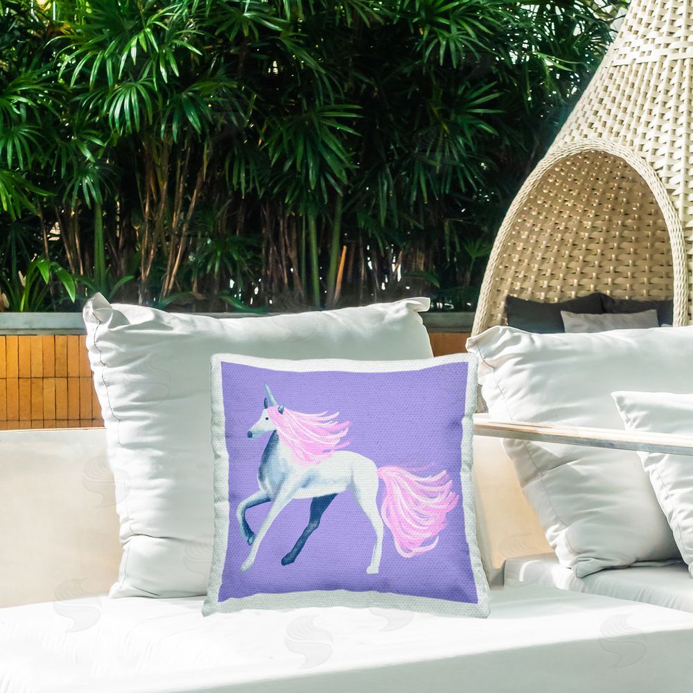 Thimblepress Purple & Pink Unicorn Outdoor Quick-Dry Polyester Printed Throw Pillow in Back Yard