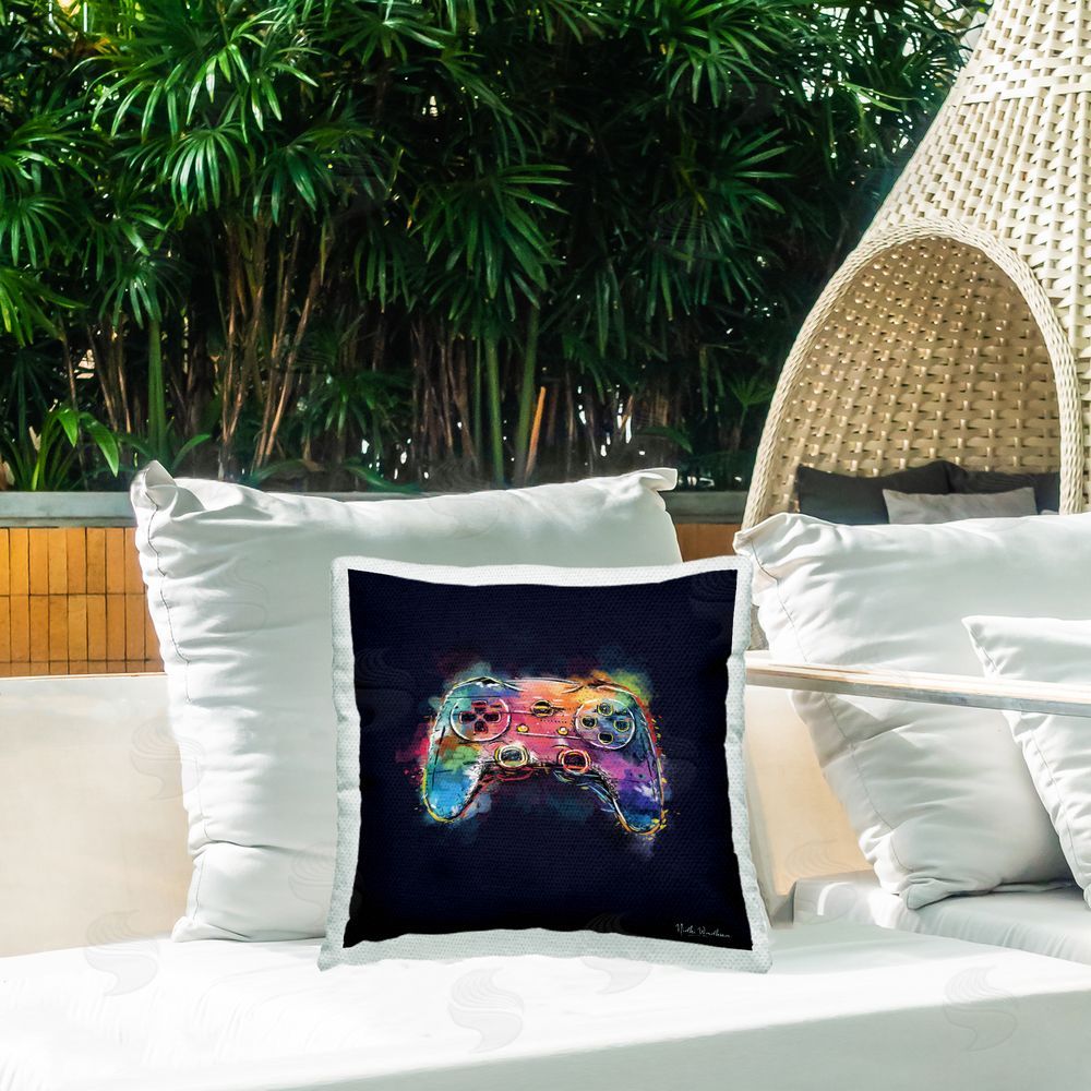 Nidhi Wadhwa Modern Game Controller Outdoor Quick-Dry Polyester Printed Throw Pillow in Back Yard