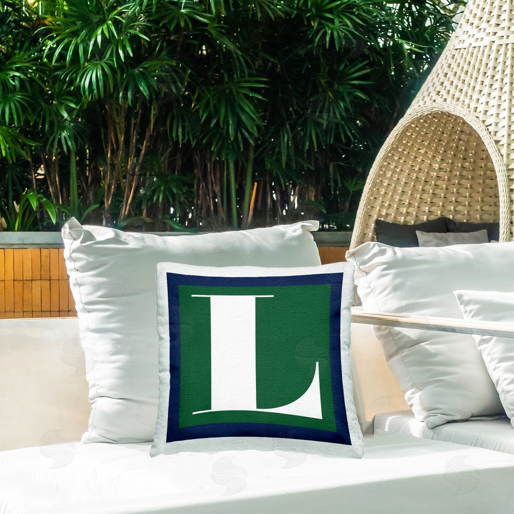 Stupell Studio Green L Name Initial Outdoor Quick-Dry Polyester Printed Throw Pillow in Back Yard