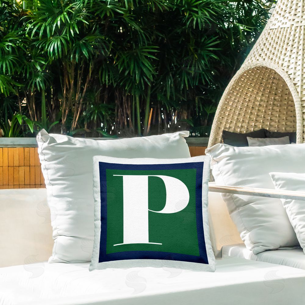 Stupell Studio Green P Letter Initial Outdoor Quick-Dry Polyester Printed Throw Pillow in Back Yard