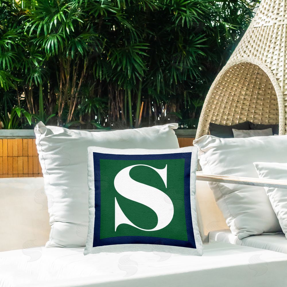 Stupell Studio Green S Name Initial Outdoor Quick-Dry Polyester Printed Throw Pillow in Back Yard