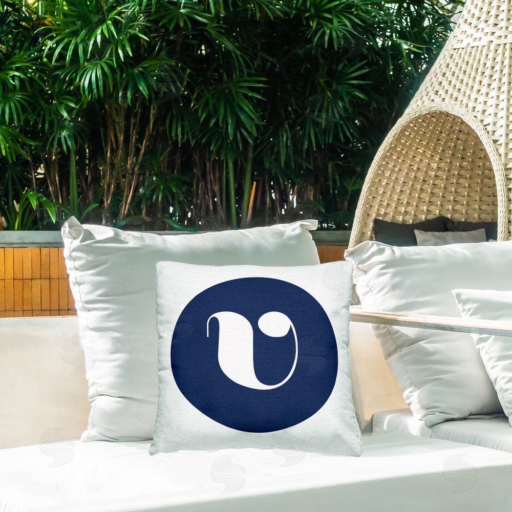 Stupell Studio Blue Lowercase V Initial Outdoor Quick-Dry Polyester Printed Throw Pillow in Back Yard