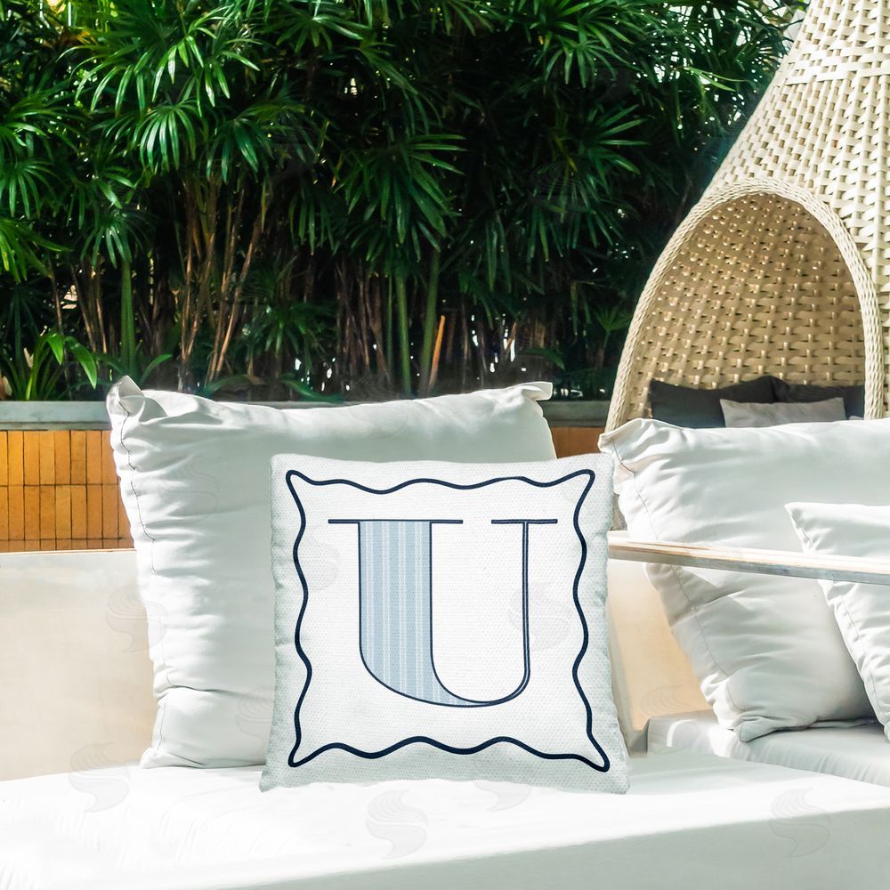 Stupell Studio Blue Striped U Initial Outdoor Quick-Dry Polyester Printed Throw Pillow in Back Yard