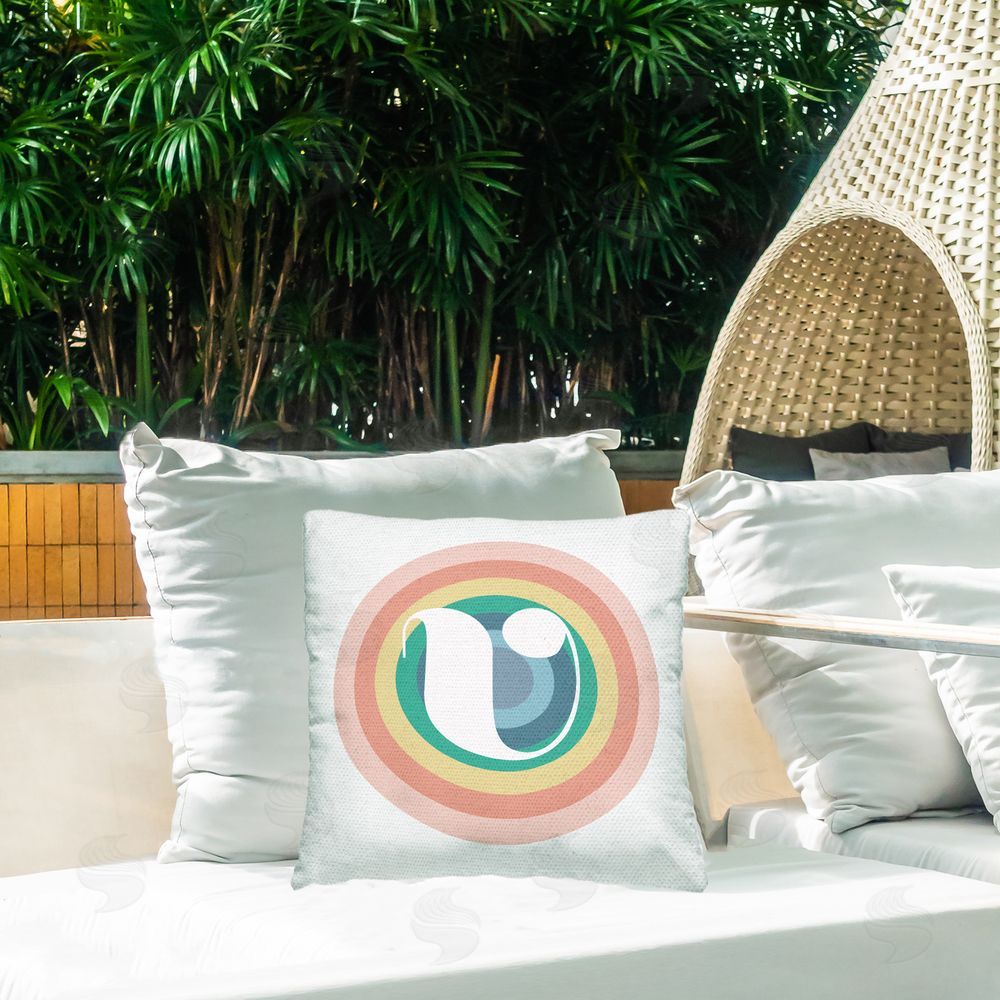 Stupell Studio Rainbow V Name Letter Outdoor Quick-Dry Polyester Printed Throw Pillow in Back Yard
