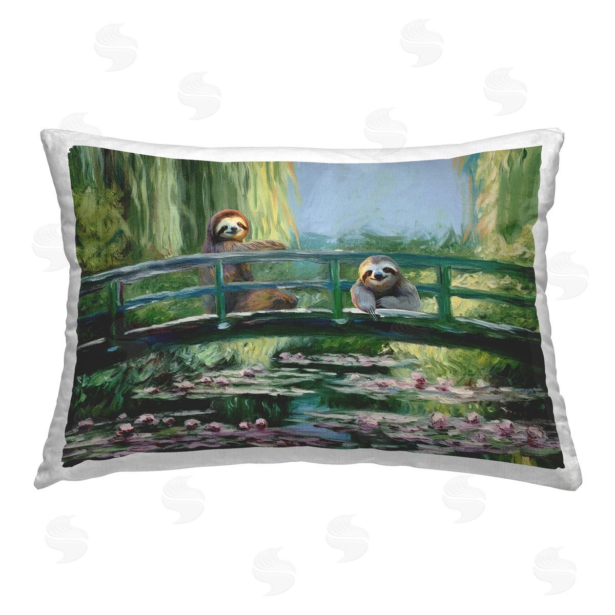 Furry Portraits Sloths on River Bridge Printed Plush Polyester Throw Pillow