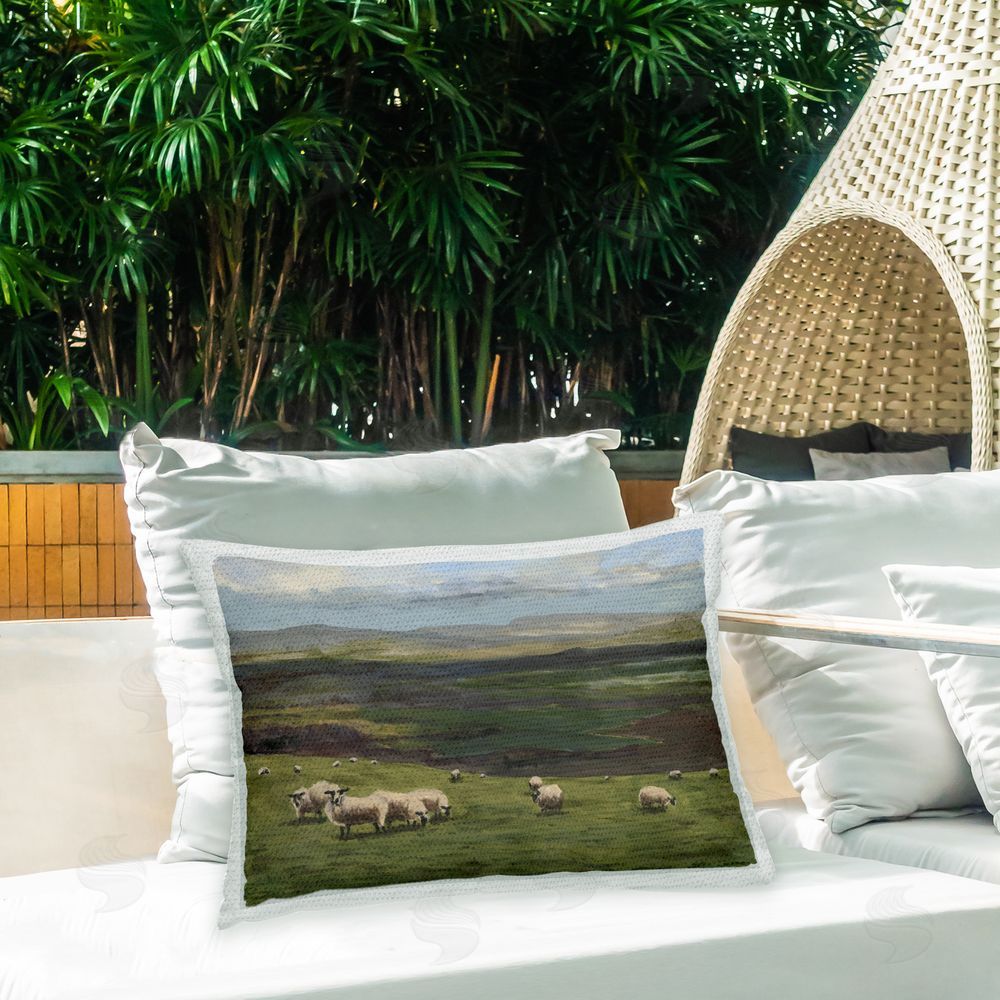 Michael Willett Sheep in Countryside Outdoor Quick-Dry Polyester Printed Throw Pillow in Back Yard