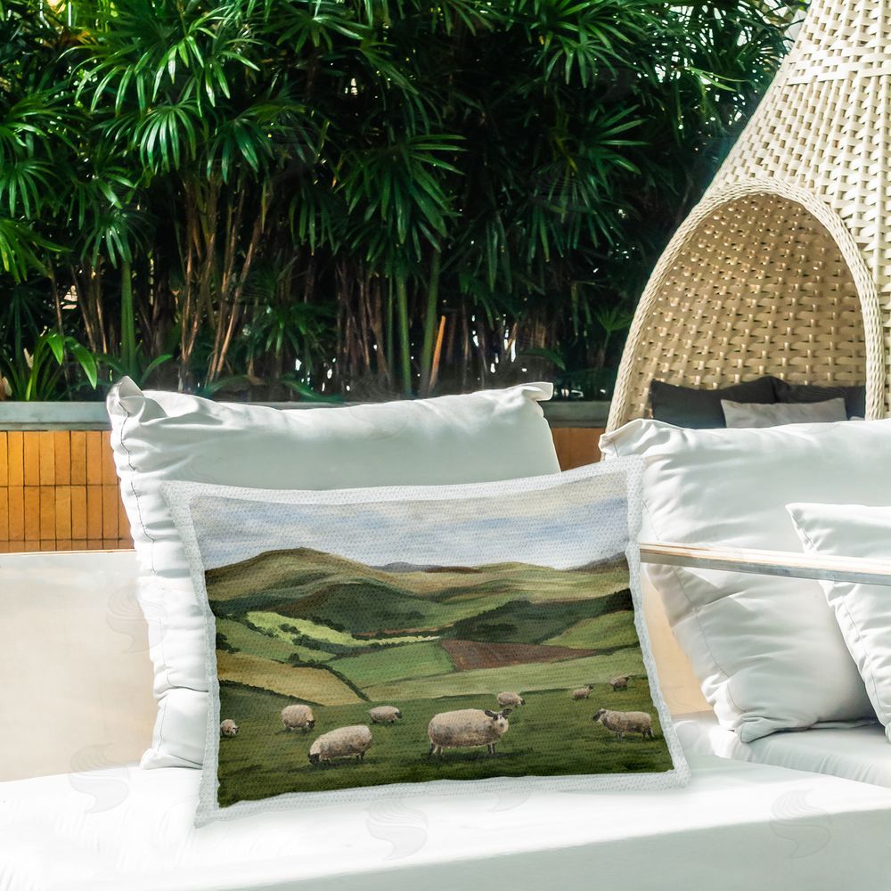 Michael Willett Sheep Grazing Fields Outdoor Quick-Dry Polyester Printed Throw Pillow in Back Yard