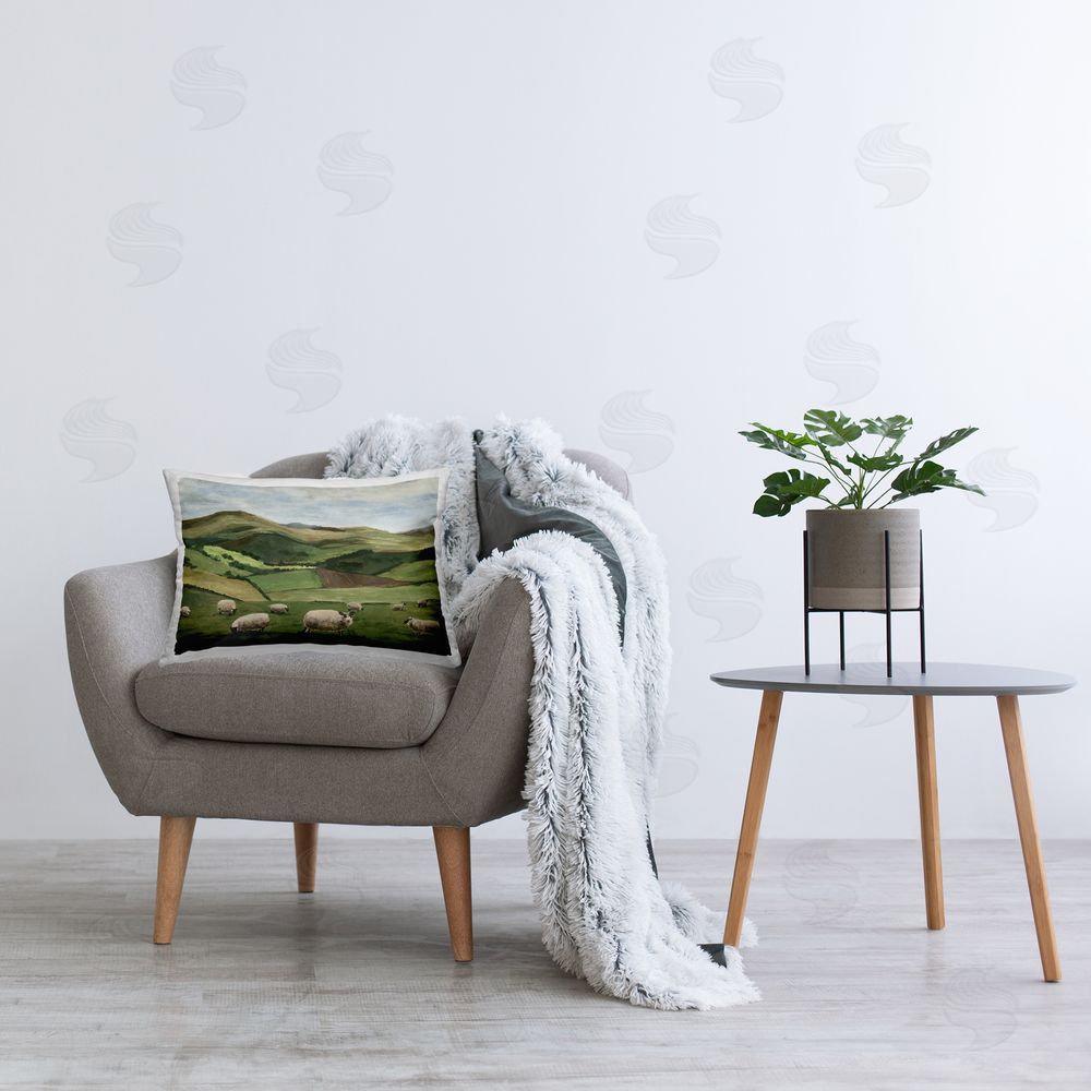 Michael Willett Sheep Grazing Fields Printed Plush Polyester Throw Pillow On Chair
