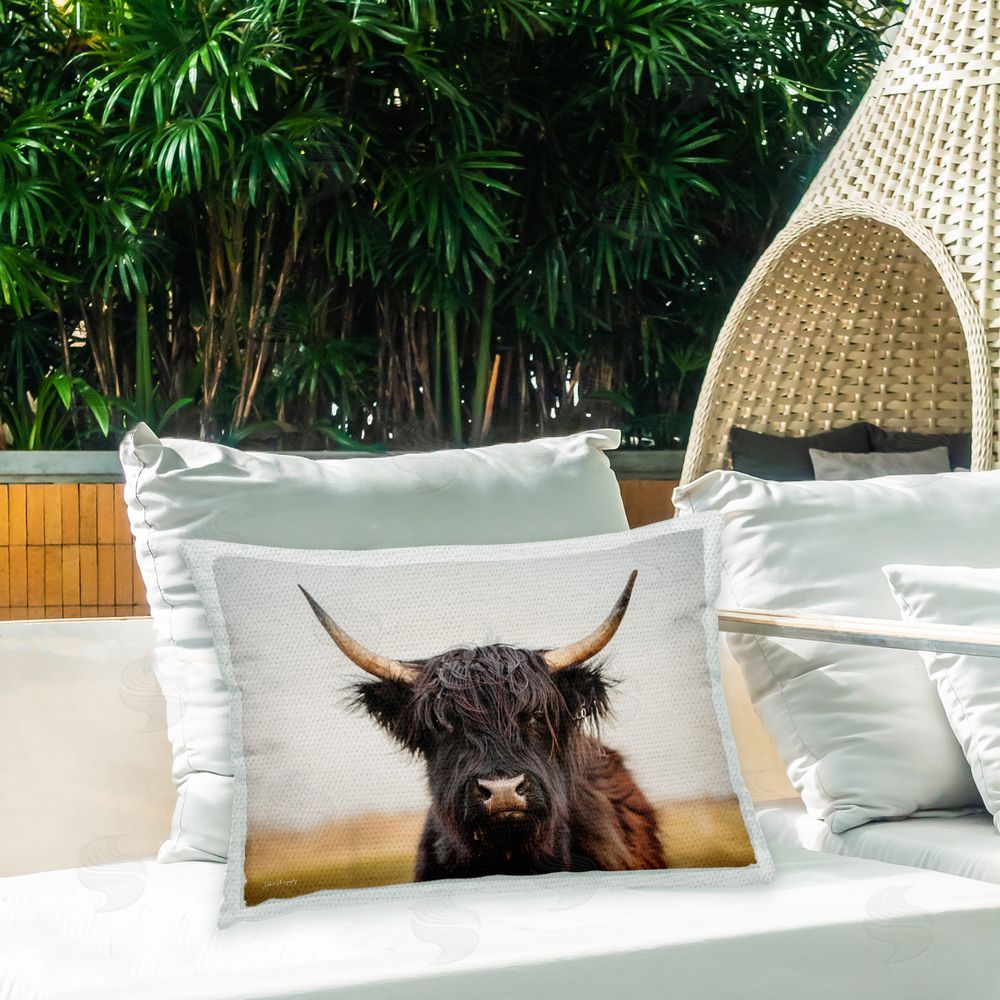 Dakota Diener Black Longhorn Cow Outdoor Quick-Dry Polyester Printed Throw Pillow in Back Yard