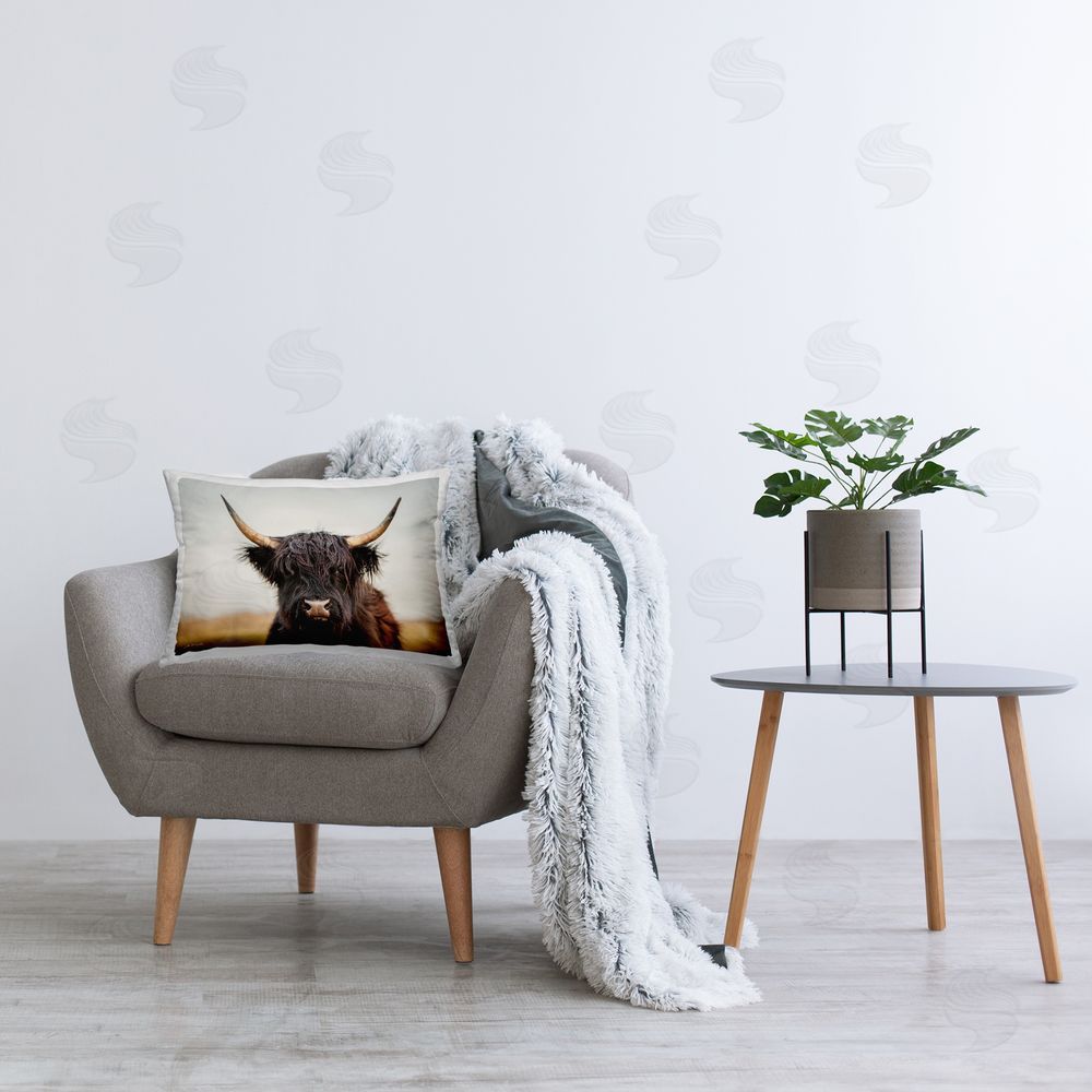 Dakota Diener Black Longhorn Cow Printed Plush Polyester Throw Pillow On Chair