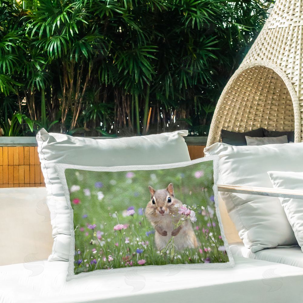 Lori Deiter Squirrel & Meadow Flowers Outdoor Quick-Dry Polyester Printed Throw Pillow in Back Yard