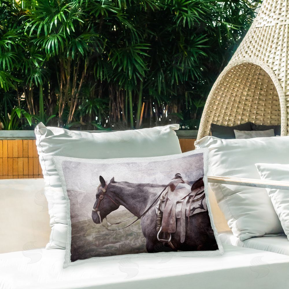 Milli Villa Horse with Saddle Outdoor Quick-Dry Polyester Printed Throw Pillow in Back Yard