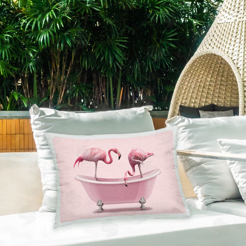 Emma P. Pink Flamingo Bath Outdoor Quick-Dry Polyester Printed Throw Pillow in Back Yard