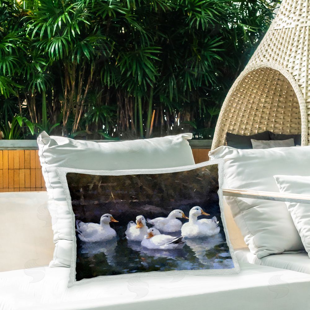 Ziwei Li Ducks Swimming in Pond Outdoor Quick-Dry Polyester Printed Throw Pillow in Back Yard