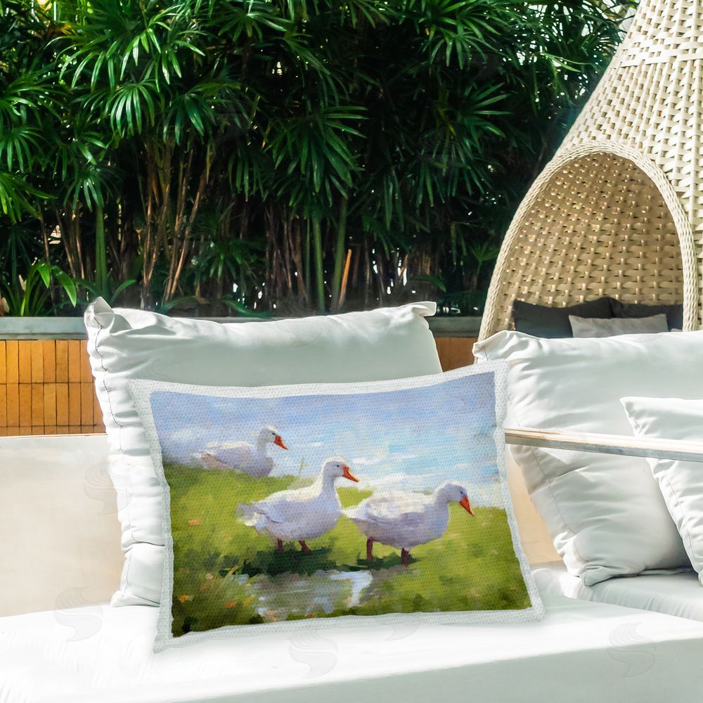 Ziwei Li Ducks at Water's Edge Outdoor Quick-Dry Polyester Printed Throw Pillow in Back Yard