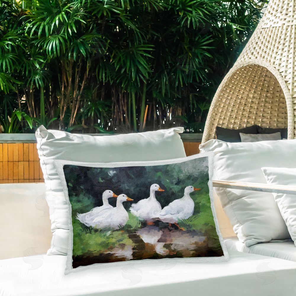 Ziwei Li Ducks & Puddle Reflection Outdoor Quick-Dry Polyester Printed Throw Pillow in Back Yard