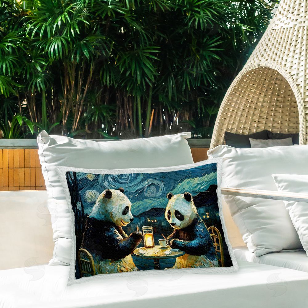 Furry Portraits Starry Night Pandas Outdoor Quick-Dry Polyester Printed Throw Pillow in Back Yard
