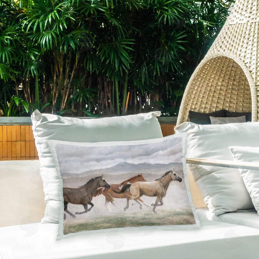 Wellington Studio Horses Trotting Scenery Outdoor Quick-Dry Polyester Printed Throw Pillow in Back Yard