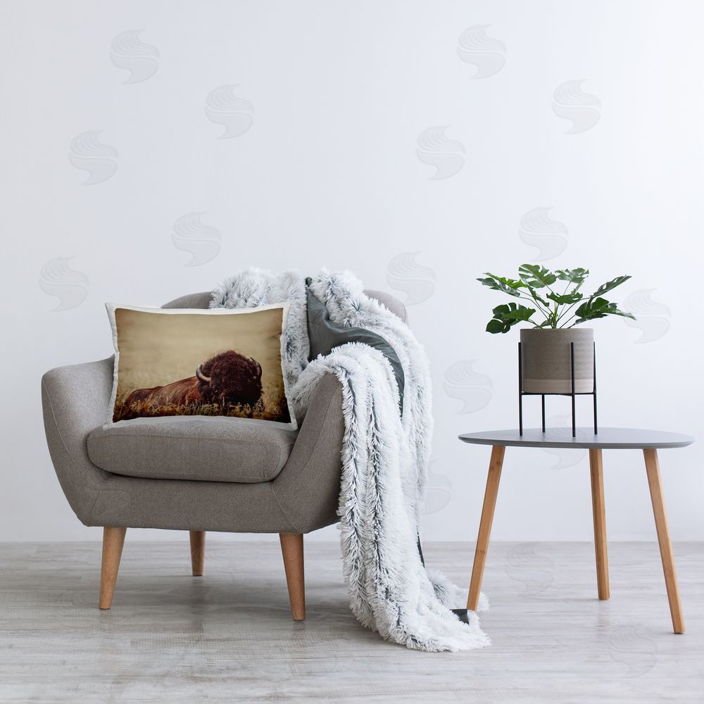 Nathan Larson Bison Laying in Field Printed Plush Polyester Throw Pillow On Chair