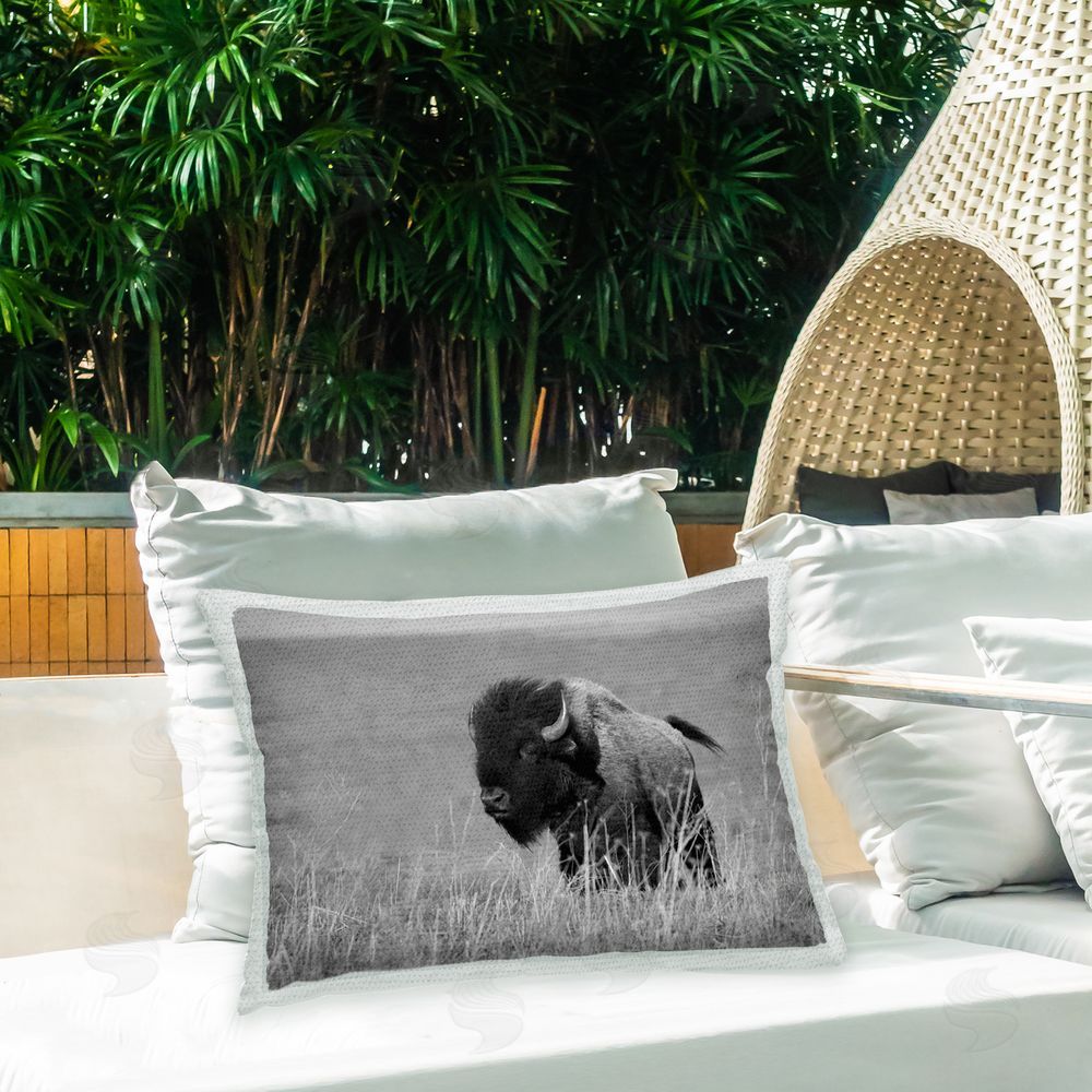 Steve Toole Bison with Reeds Outdoor Quick-Dry Polyester Printed Throw Pillow in Back Yard